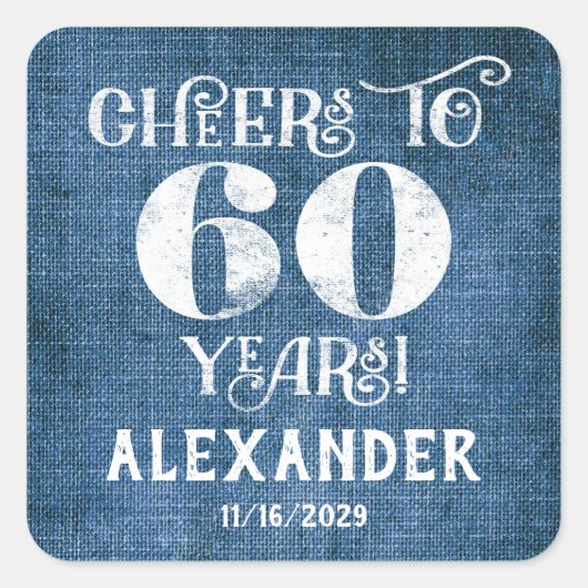 60誕生日ブルーリネンありがとうスティッカー スクエアシール (正面)