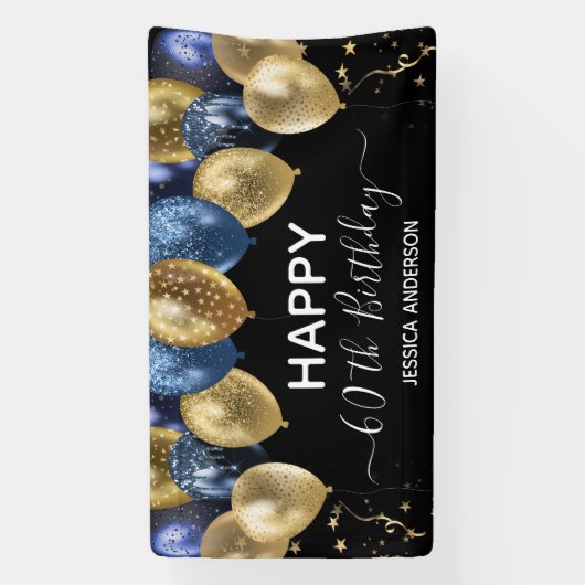 60誕生日ブルー金ゴールド吹き出しバナー 横断幕 (縦)