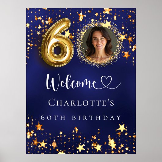 60誕生日ブルー金ゴールド星写真ようこそ ポスター (正面)