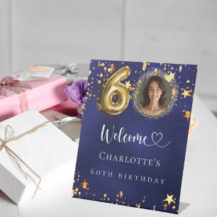 60誕生日ブルー金ゴールド星写真ようこそ 台座サイン