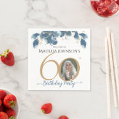 60誕生日ブルー金ゴールド水彩フローラ写真 スタンダードカクテルナプキン (インサイチュ)