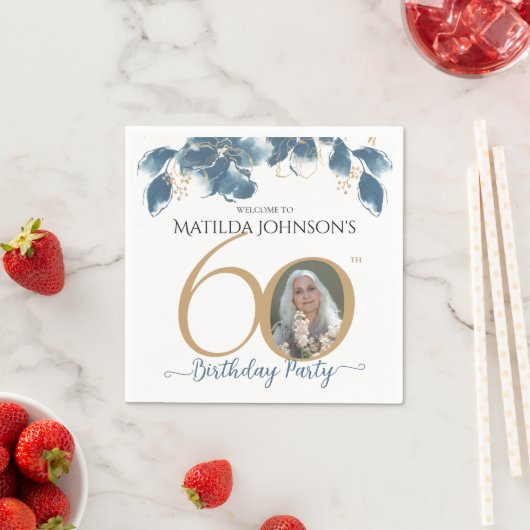 60誕生日ブルー金ゴールド水彩フローラ写真 スタンダードカクテルナプキン (インサイチュ)