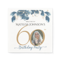 60誕生日ブルー金ゴールド水彩フローラ写真