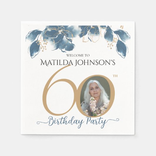 60誕生日ブルー金ゴールド水彩フローラ写真 スタンダードカクテルナプキン (正面)