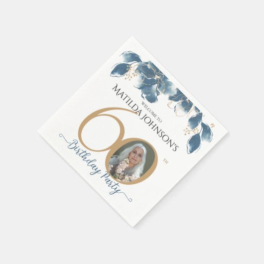 60誕生日ブルー金ゴールド水彩フローラ写真 スタンダードカクテルナプキン (角)