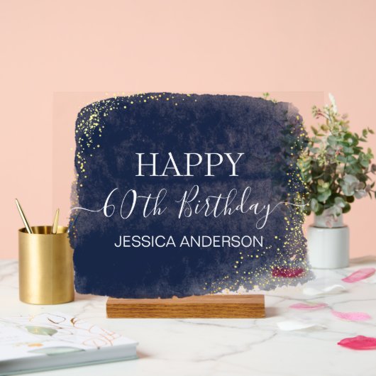 60誕生日ブルー金ゴールド水彩澄ん アクリルサイン (ウェディング)