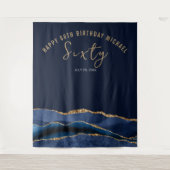 60誕生日ブルー金ゴールド瑪瑙フォトバックグラウンド タペストリー (正面)