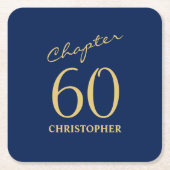 60誕生日ブルー金ゴールド スクエアペーパーコースター (正面)