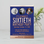 60誕生日ブルー金属箔フォトサークル 箔招待状 (立ち正面)