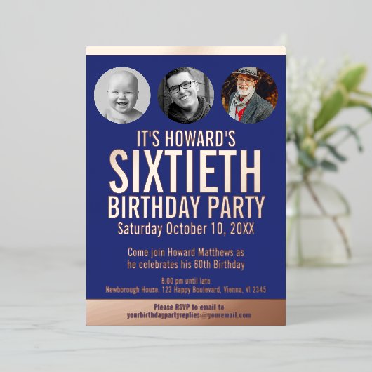 60誕生日ブルー金属箔フォトサークル 箔招待状 (立ち正面)