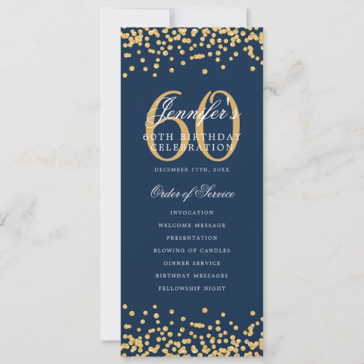 60誕生日プログラムメニュ感謝していーU金ゴールドネイビーブルー 招待状 (正面)