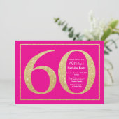 60誕生日ホットピンクと金ゴールドグリッター 招待状 (スタンド正面)