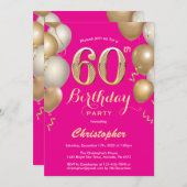 60誕生日ホットピンクと金ゴールドバルーン紙吹雪 招待状 (正面/裏面)