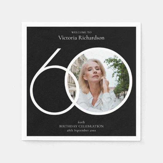 60誕生日ミニマル白黒カスタム写真 スタンダードカクテルナプキン (正面)