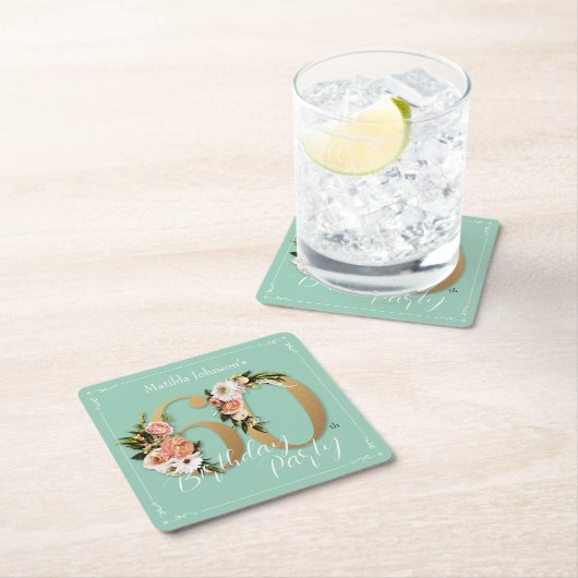 60誕生日ミント金ゴールドフローラグラマラスかわいらし スクエアペーパーコースター (インサイチュ)