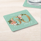 60誕生日ミント金ゴールドフローラグラマラスかわいらし スクエアペーパーコースター (アングル)