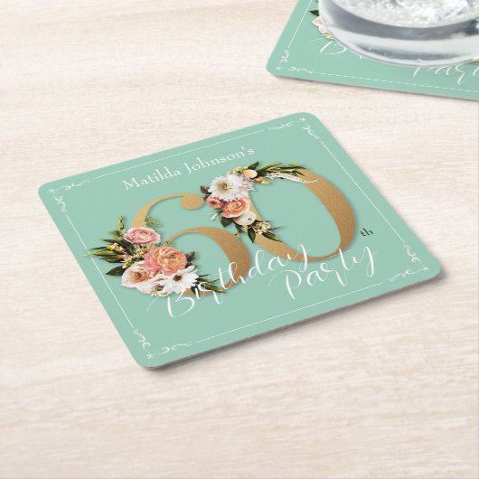 60誕生日ミント金ゴールドフローラグラマラスかわいらし スクエアペーパーコースター (アングル)