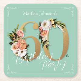 60誕生日ミント金ゴールドフローラグラマラスかわいらし スクエアペーパーコースター