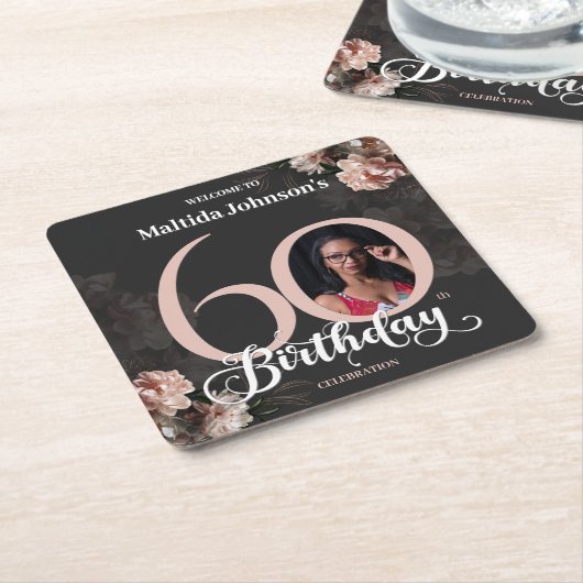60誕生日ムーディフローラピンクカスタムの写真 スクエアペーパーコースター (アングル)