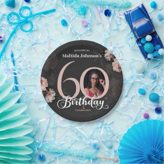 60誕生日ムーディフローラピンクカスタムの写真 ペーパープレート (パーティー)