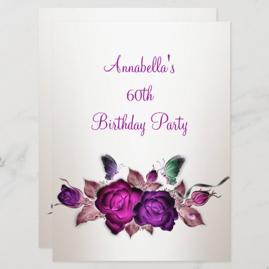 60誕生日ムーヴピンクローズフローラアート3 招待状 (正面/裏面)
