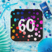 60誕生日レインボンドットオンブラック ペーパープレート (パーティー)