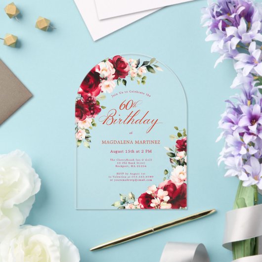 60誕生日レッドローズピンク牡丹フローラアーチ アクリル招待状 (インサイチュ (ウェディング))