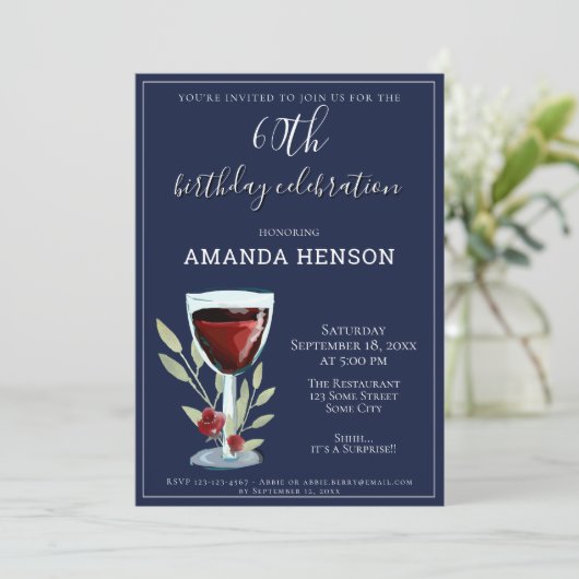 60誕生日レッドワインネイビーブルーパーティー 招待状 (スタンド正面)