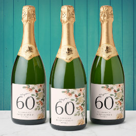 60誕生日ヴィンテージフローラきらめくワインラベル スパークリングワインラベル
