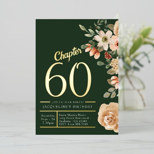 60誕生日ヴィンテージ水彩フローラ金ゴールド 箔招待状 (立ち正面)
