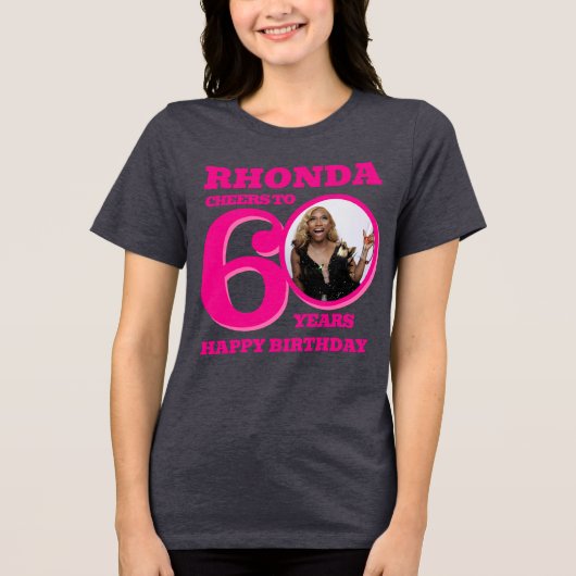 60誕生日写真と名前ピンク文字 トライブレンドTシャツ (正面)