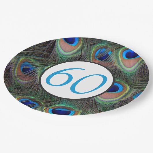 60誕生日孔雀フェザー ペーパープレート (アングル)