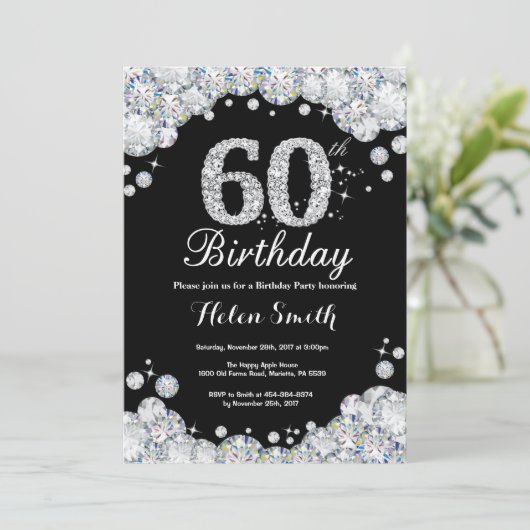60誕生日招待状シャルボードシルバーダイヤモンド 招待状 (スタンド正面)