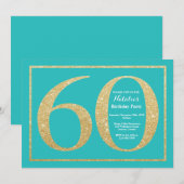 60誕生日招待状ティール(緑がかった色)及び金ゴールドグリッター 招待状 (正面/裏面)