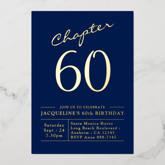 60誕生日招待状ネイビーブルーゴールドフォイル 箔招待状 (正面)