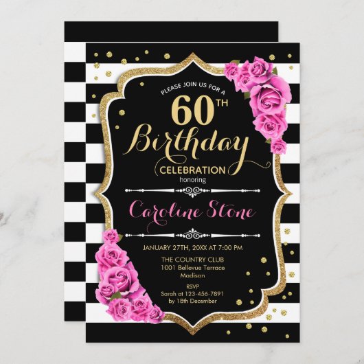 60誕生日招待状ピンク白黒ストライプ 招待状 (正面/裏面)