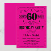60誕生日招待状ブラックとホットピンク 招待状 (正面/裏面)