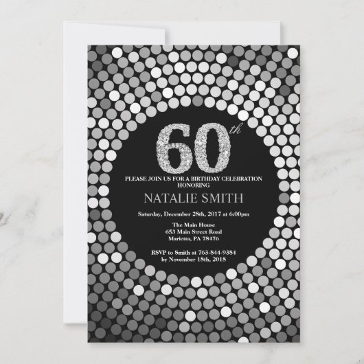 60誕生日招待状ブラックアンドシルバーグリッター 招待状 (正面)