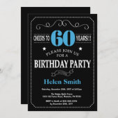 60誕生日招待状ブルーとブラックシャルボード 招待状 (正面/裏面)