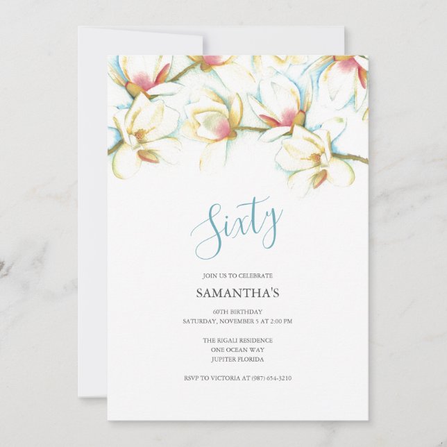 60誕生日招待状ホワイトマグノリアス (正面)