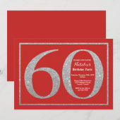 60誕生日招待状レッド&シルバーグリッター 招待状 (正面/裏面)