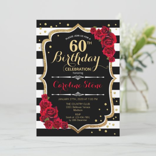 60誕生日招待状白黒ストライプバラ 招待状 (スタンド正面)