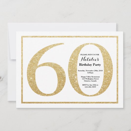 60誕生日招待状金ゴールドグリッター 招待状 (正面)