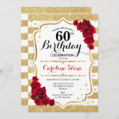 60誕生日招待状金ゴールド白ストライプバラ 招待状 (正面/裏面)