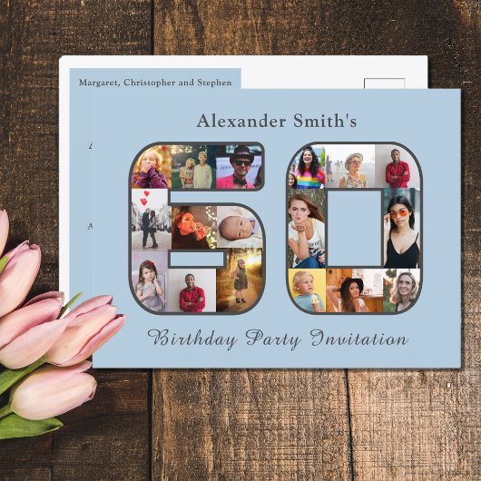 60誕生日招待状60フォトライトブルー ポストカード