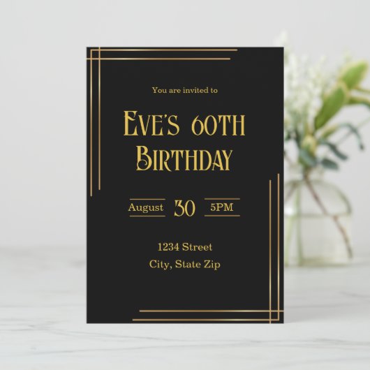 60誕生日招待状 – ブラック&金ゴールド | エレガント 招待状 (スタンド正面)