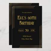 60誕生日招待状 – ブラック&金ゴールド | エレガント 招待状 (正面/裏面)