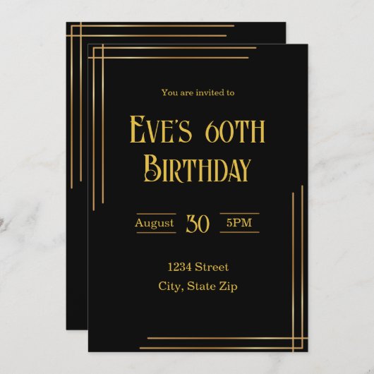 60誕生日招待状 – ブラック&金ゴールド | エレガント 招待状 (正面/裏面)