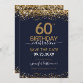 60誕生日日付を保存する青と金ゴールド 招待状 (正面/裏面)