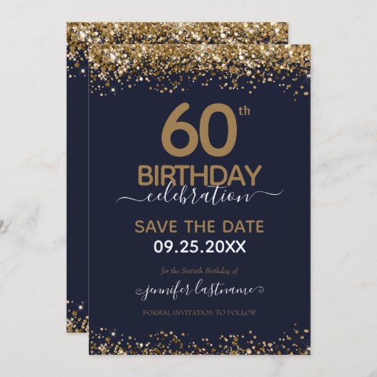 60誕生日日付を保存する青と金ゴールド 招待状 (正面/裏面)